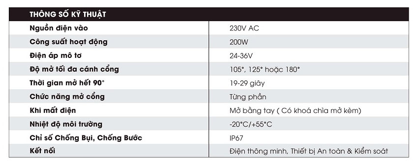 thông số kỹ thuật của bộ cổng tự động roger